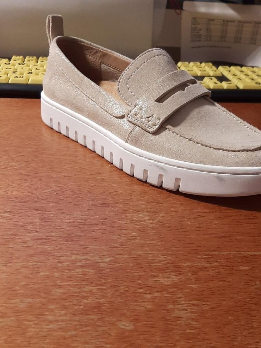 Vionic Beige Suede Slip-On Loafers with White Platform Sole